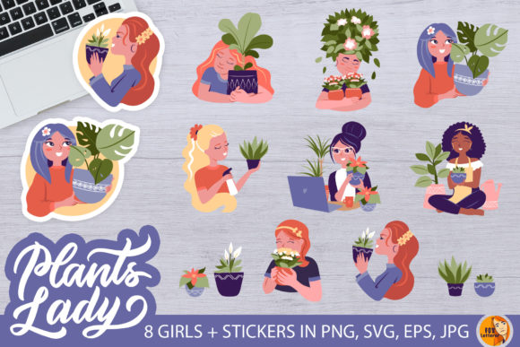 Plant Lady Bundle. Girls Hug Flowers Graphics