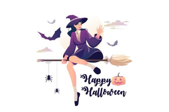 Witch Flying on Broomstick Illustration: A Versatile Graphic for Halloween Branding